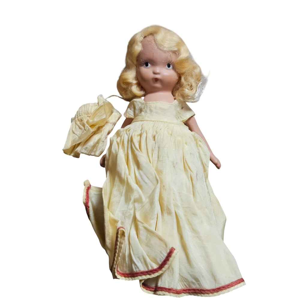 Vintage Nancy Ann Storybook Bisque Doll Blonde Curly Hair Red‎ Trim Dress 7"